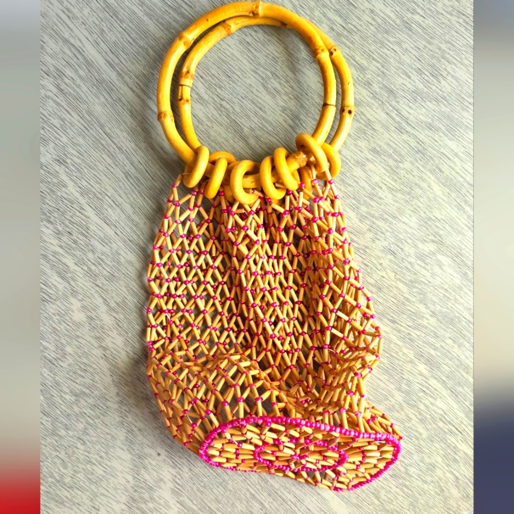 Natural Bead and Bamboo Handle Tote Bag